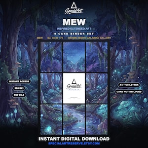 May include: A digital 8-card binder set featuring Mew inspired extended art. The image displays a dark, glowing forest scene with a stream, mushrooms, and trees. Text includes Special Art, Mew, 8 Card Binder Set, No. GG10/70, Crown Zenith Galarian Gallery, Instant Access, 300 DPI, PDF File, A4 + US Letter, Card Not Included, and Instant Digital Download.