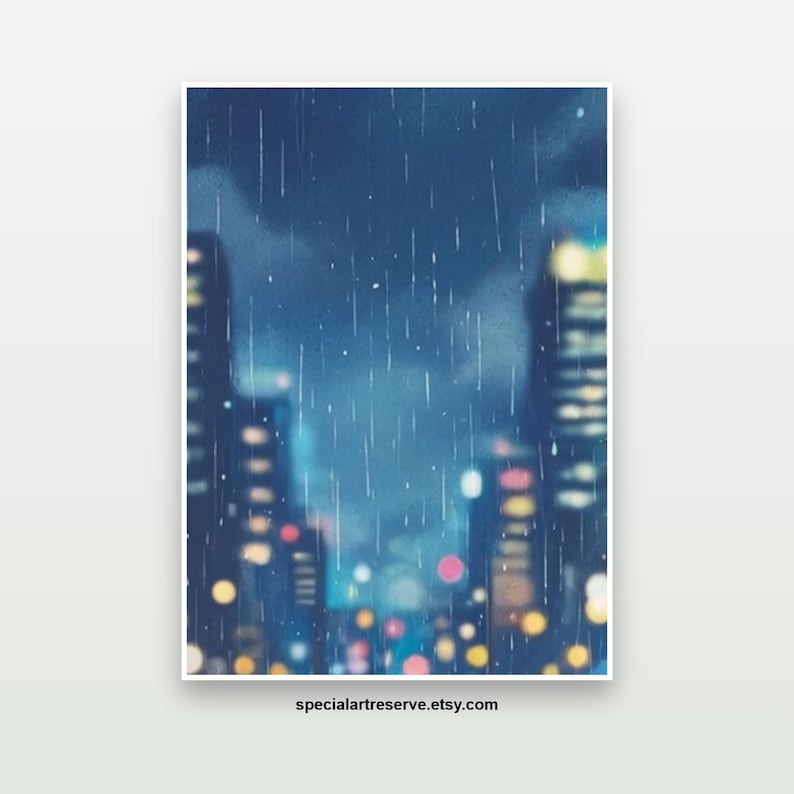 May include: A vertical digital art print depicting a rainy city night scene with blurred skyscrapers, dark blue tones, and scattered yellow, pink, and white light bokeh. The text specialartreserve.etsy.com is printed at the bottom center.