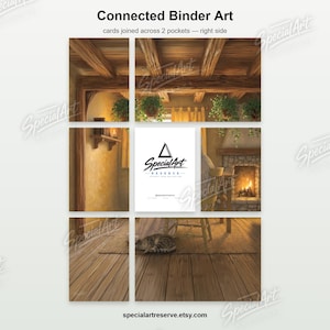 May include: A grid of eight rectangular art cards depicting a cozy room with wooden ceiling beams, hanging plants, a stone fireplace, and a tabby cat on a rug. The center card features the black text Special Art RESERVE with a triangle logo.