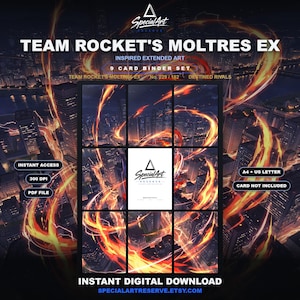 May include: A 9-card binder set digital download titled Team Rocket's Moltres EX. The artwork features a city skyline at night with swirling orange and yellow flames. The center card displays the Special Art Reserve logo. Includes A4 and US Letter.