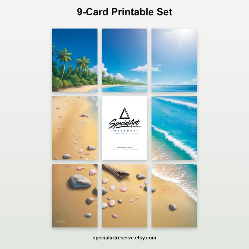 May include: A 9-card printable set featuring a beach theme. The cards display palm trees, ocean waves, sandy shores with rocks and seashells, and a central white card with the black text Special Art Reserve and a triangle logo design.