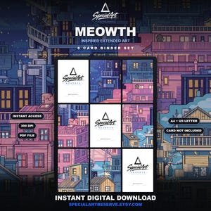 Puede incluir: Un conjunto digital de 6 carpetas para tarjetas con arte extendido inspirado en Meowth. El diseño muestra un paisaje urbano nocturno en tonos morados y azules. El texto incluye MEOWTH, INSTANT ACCESS, 300 DPI, PDF FILE, A4 + US LETTER.