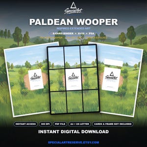 Pode incluir: Um download digital com arte estendida inspirada em Paldean Wooper. A imagem exibe três molduras retangulares brancas com uma ilustração de paisagem verde, incluindo uma grade preta na moldura central e logotipos da SpecialArt.