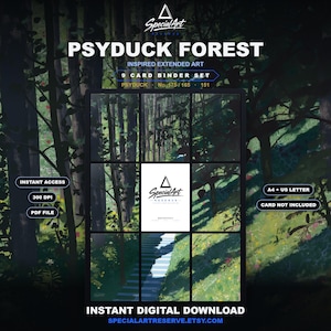 Puede incluir: Un conjunto de 9 tarjetas para carpeta en descarga digital titulado PSYDUCK FOREST, que muestra una escena de bosque con árboles y un camino. Incluye etiquetas de texto como INSTANT ACCESS, 300 DPI, PDF FILE, A4 + US LETTER y CARD NOT INCLUDED.