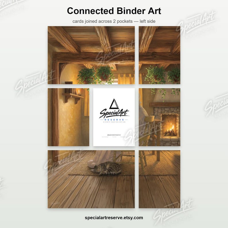 May include: A set of five rectangular art cards arranged in a grid, depicting a cozy room with wooden ceiling beams, hanging plants, a stone fireplace with a fire, and a tabby cat resting on a woven rug on the wooden floorboards.