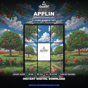 May include: A 9-card binder set digital download featuring an extended art illustration of an apple orchard with red apples on trees under a blue sky with white clouds. The text reads APPLIN, 9 CARD BINDER SET, and INSTANT DIGITAL DOWNLOAD.