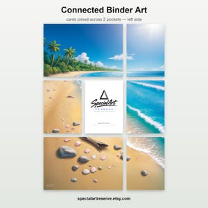 May include: A collection of eight rectangular art cards arranged in a grid, depicting a continuous tropical beach scene with palm trees, sand, ocean waves, and seashells. A central white card features the black logo Special Art Reserve.