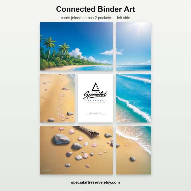 May include: A collection of eight rectangular art cards arranged in a grid, depicting a continuous tropical beach scene with palm trees, sand, ocean waves, and seashells. A central white card features the black logo Special Art Reserve.