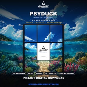 Pode incluir: Um conjunto de 9 cartões para fichário em download digital com arte estendida inspirada em Psyduck. A imagem exibe uma grade de nove painéis mostrando uma cena subaquática tropical com recifes de coral e céu azul. Inclui texto como SpecialArt e Psyduck.