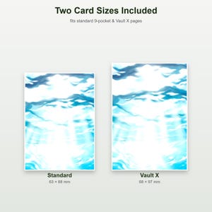 May include: Two rectangular card sleeves featuring a blue and white underwater light refraction pattern. The left sleeve is labeled Standard at 63 x 88 mm, and the right is labeled Vault X at 68 x 97 mm. Text reads Two Card Sizes Included.