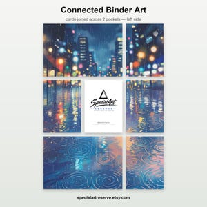 May include: A collection of five rectangular art cards arranged in a grid, featuring a rainy city scene with blurred lights reflecting in puddles. A central white card displays the black logo Special Art Reserve with a triangle icon.