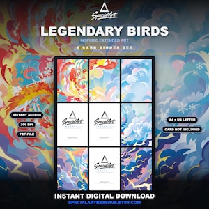 May include: A digital download set titled LEGENDARY BIRDS INSPIRED EXTENDED ART 6 CARD BINDER SET. The graphic features colorful abstract patterns of fire, clouds, snowflakes, and lightning. Includes text labels like INSTANT ACCESS, 300 DPI, PDF FILE, A4 + US LETTER, and CARD NOT INCLUDED.