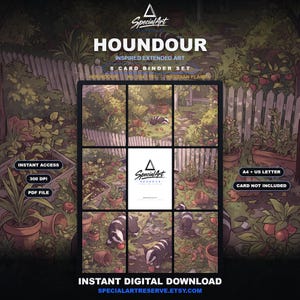May include: A digital 8-card binder set featuring Houndour inspired extended art. The graphic displays a garden scene with a white picket fence, potted plants, and black and white canine creatures. Text includes SpecialArt, HOUNDOUR, and INSTANT DIGITAL DOWNLOAD.