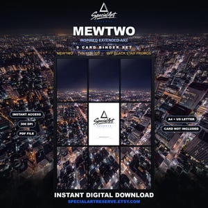 Może przedstawiać: Zestaw 9 kart do segregatora z grafiką inspirowaną Mewtwo. Układ zawiera tekst Special Art Reserve, Mewtwo, No. 052/225, SVP Black Star Promos, Instant Access, 300 DPI, PDF File, A4 + US Letter oraz Card Not Included.