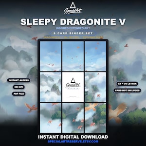 May include: A 9-card binder set digital download titled Sleepy Dragonite V, featuring extended art of a cloudy mountain landscape with flying birds. The center card slot displays the SpecialArt Reserve logo. Includes A4 and US letter formats.