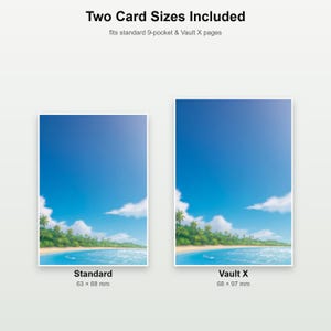 May include: Two rectangular trading card sleeves featuring a tropical beach scene with blue water, white clouds, and palm trees. The text reads Two Card Sizes Included, Standard 63 x 88 mm, and Vault X 68 x 97 mm, fitting standard 9-pocket pages.