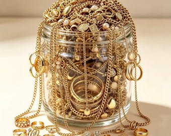Scatola a sorpresa con gioielli misti in oro e gemme vintage, collana, anello, orecchini e bracciale, confezione regalo a sorpresa per donna.