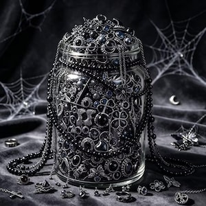 May include: A clear glass jar filled with an assortment of black and silver jewelry, including rings, necklaces, and pendants. The jar is overflowing with various metal charms, dark beads, and intricate filigree pieces, with chains draped over the sides.