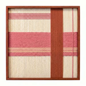 May include: A square, woven textile art piece in a wooden frame. The design features a cream-colored background with horizontal and vertical bands of pink and rust-colored yarn. The frame is a warm, medium brown.