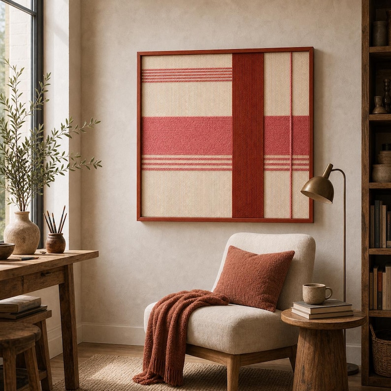 May include: A framed wall art piece with a woven design in cream, red, and brown tones. The artwork features horizontal and vertical stripes, creating a geometric pattern. The frame is a dark reddish-brown color.