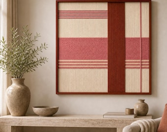 Cuadro de fibra Coral Meridian enmarcado, decoración textil moderna hecha a mano para pared con marco de metal, obra de arte tejida en coral.
