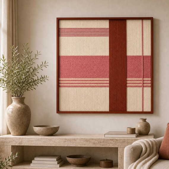 Coral Meridian Framed Fiber Art, Handmade Modern Textile Wall Decor with Metal Frame, Coral Woven Artwork