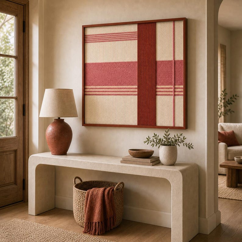 May include: A framed wall art piece with a woven design in cream and red hues. The artwork hangs above a console table with a lamp, a basket, and decorative items. The room has a neutral color palette.