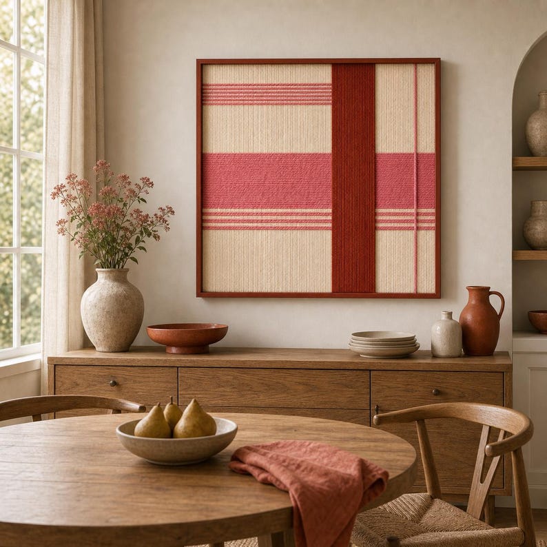 May include: A framed wall art piece with a woven design in shades of red and beige. The artwork features horizontal stripes and a vertical panel, creating a geometric pattern. The frame is a dark reddish-brown color. The scene includes a wooden table and cabinet.