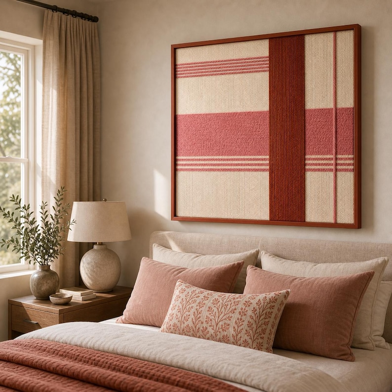 May include: A bedroom scene featuring a large, framed wall hanging with a woven design in cream, red, and brown. The bed is made with a red quilt and several pillows in shades of pink and cream. A bedside table with a lamp and vase is also visible.