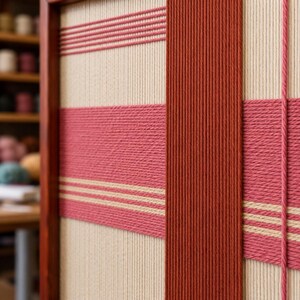May include: Close-up of a woven textile art piece. The artwork features a cream-colored background with horizontal stripes in shades of pink and beige. A vertical, reddish-brown border frames the piece, adding depth and contrast to the design.