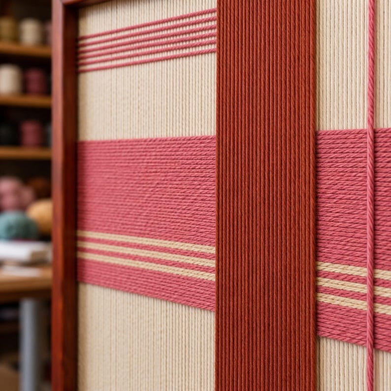 May include: Close-up of a woven textile art piece. The artwork features a cream-colored background with horizontal stripes in shades of pink and beige. A vertical, reddish-brown border frames the piece, adding depth and contrast to the design.
