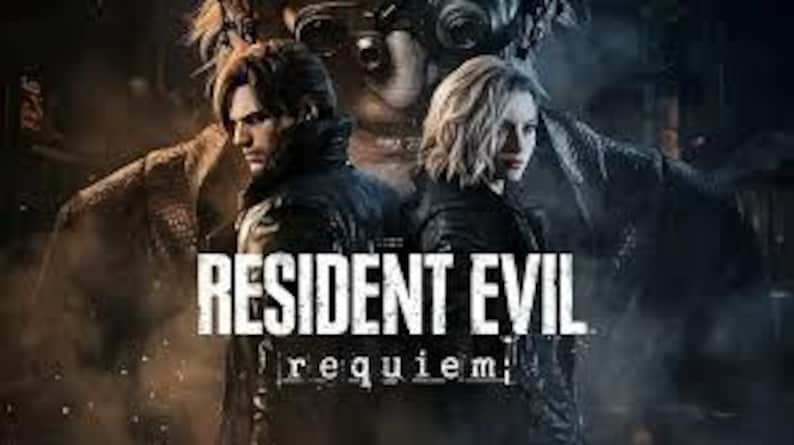 Peut inclure: Illustration num&eacute;rique de deux personnages de Resident Evil: Requiem. Un homme et une femme se tiennent dos &agrave; dos, avec le titre du jeu en blanc. L'arri&egrave;re-plan est sombre et atmosph&eacute;rique.