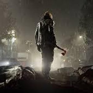 Peut inclure: Une personne se tient debout dans une rue sombre et pluvieuse, tenant une hache. La sc&egrave;ne est remplie de brouillard et de silhouettes de voitures. Plusieurs personnages sont allong&eacute;s au sol au premier plan, sugg&eacute;rant un th&egrave;me post-apocalyptique ou d'horreur.