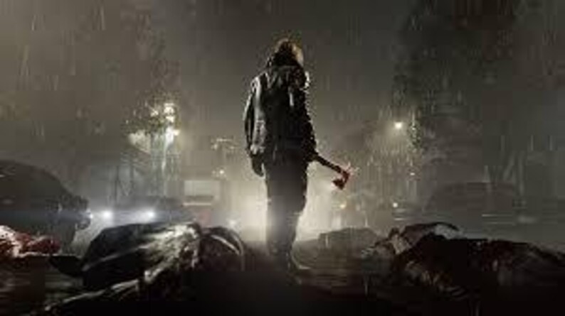 Peut inclure: Une personne se tient debout dans une rue sombre et pluvieuse, tenant une hache. La sc&egrave;ne est remplie de brouillard et de silhouettes de voitures. Plusieurs personnages sont allong&eacute;s au sol au premier plan, sugg&eacute;rant un th&egrave;me post-apocalyptique ou d'horreur.
