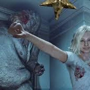 Peut inclure: Une femme blonde en t-shirt blanc tach&eacute; de sang l&egrave;ve le bras en position de combat. Une grande cr&eacute;ature mutante se tient derri&egrave;re elle. Des d&eacute;corations en forme d'&eacute;toiles dor&eacute;es sont en arri&egrave;re-plan.