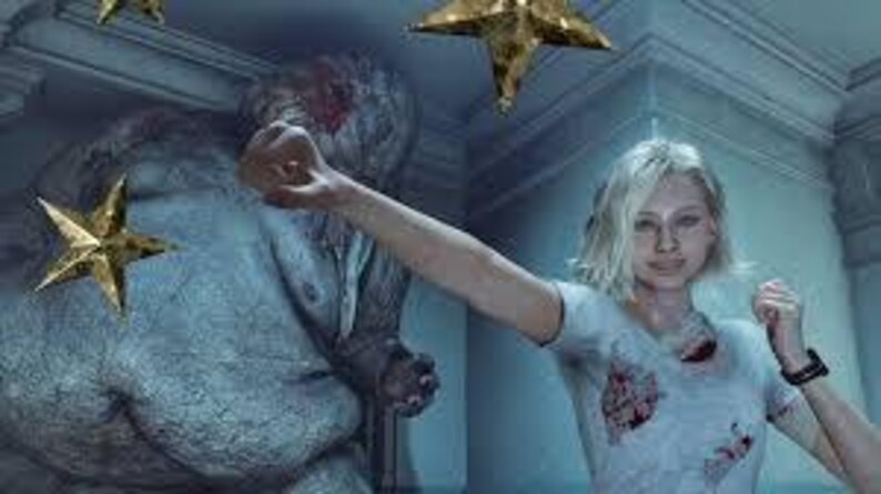 Peut inclure: Une femme blonde en t-shirt blanc tach&eacute; de sang l&egrave;ve le bras en position de combat. Une grande cr&eacute;ature mutante se tient derri&egrave;re elle. Des d&eacute;corations en forme d'&eacute;toiles dor&eacute;es sont en arri&egrave;re-plan.