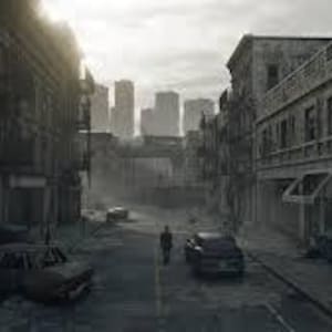 Peut inclure: Une sc&egrave;ne de rue urbaine d&eacute;serte avec des b&acirc;timents vieillis et des v&eacute;hicules abandonn&eacute;s. Les b&acirc;timents sont des structures &agrave; plusieurs &eacute;tages avec des signes visibles de d&eacute;gradation. Une silhouette solitaire marche au centre de la rue, avec une ligne d'horizon lointaine visible &agrave; travers la brume.