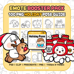 Könnte beinhalten: Ein digitales Emote-Booster-Paket mit 100 Feiertags-Posen-Anleitungen im PNG-Format. Das Bild zeigt verschiedene Strichzeichnungen von Charakteren, eine zentrale Holiday Pose Referenzkarte und farbige Charakterillustrationen in 1100px mal 1100px.