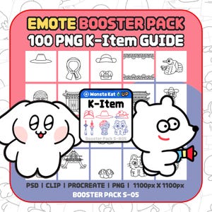 Könnte beinhalten: Ein digitales Emote-Booster-Paket mit 100 PNG-Dateien und einem K-Item-Guide. Die Grafik zeigt ein Raster aus Strichzeichnungen, darunter Hüte, traditionelle Kleidung und Tiere, sowie zwei weiße Zeichentrickfiguren und ein zentrales K-Item-Label.