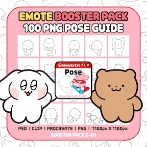 Könnte beinhalten: Ein digitales Emote-Booster-Paket mit 100 PNG-Posen. Die Grafik zeigt einen weißen Cartoon-Hasen, einen braunen Bären und ein zentrales quadratisches Symbol mit einer rosa Superheldenfigur und dem Text Monsta Kat UP Pose Booster Pack S-#01.