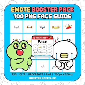 Op de afbeelding: Een emote booster pack met 100 PNG-gezichtsgidsbestanden. De afbeelding toont een lichtgroen kikkerpersonage, een wit personage met blauwe tranen en een centraal vierkant label met de tekst Monsta Kat UP Face Booster Pack S-#02.
