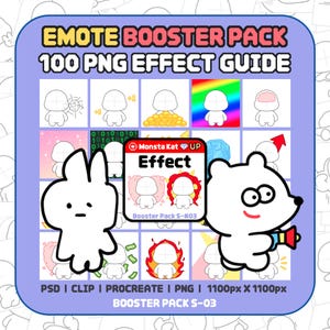 Könnte beinhalten: Ein digitales Emote-Booster-Paket mit 100 PNG-Effekten, dargestellt auf einem hellvioletten Hintergrund mit einem Raster aus Charakter-Icons. Der Text lautet EMOTE BOOSTER PACK 100 PNG EFFECT GUIDE, Monsta Kat UP Effect, Booster Pack S-#03 und PSD CLIP PROCREATE PNG 1100px X 1100px.