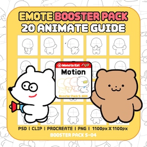 May include: A digital emote booster pack guide titled EMOTE BOOSTER PACK 20 ANIMATE GUIDE. It features a grid of 20 character sketches, a white bear holding a red megaphone, a brown bear, and a central card labeled Monsta Kat Motion Booster Pack S-#04.