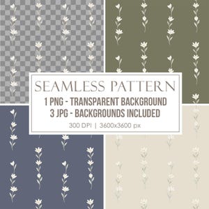 May include: A digital seamless pattern featuring vertical stems of white flowers. The image displays four variations: one with a transparent background, one with olive green, one with navy blue, and one with a beige background. Text reads: SEAMLESS PATTERN 1 PNG - TRANSPARENT BACKGROUND 3 JPG - BACKGROUNDS INCLUDED 300 DPI | 3600x3600 px.