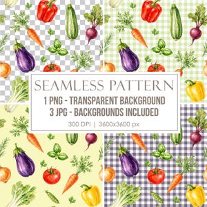 May include: A digital seamless pattern featuring watercolour illustrations of vegetables including red bell peppers, carrots, aubergines, tomatoes, yellow bell peppers, onions, and herbs. Text reads: SEAMLESS PATTERN 1 PNG - TRANSPARENT BACKGROUND 3 JPG - BACKGROUNDS INCLUDED 300 DPI | 3600x3600 px.