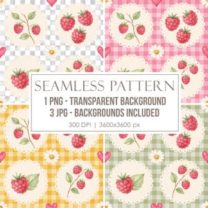 Może przedstawiać: Cyfrowy wzór bezszwowy z akwarelowymi malinami i białymi stokrotkami w falistych kołach na tle w kratkę. Tekst: SEAMLESS PATTERN, 1 PNG - TRANSPARENT BACKGROUND, 3 JPG - BACKGROUNDS INCLUDED, 300 DPI | 3600x3600 px.
