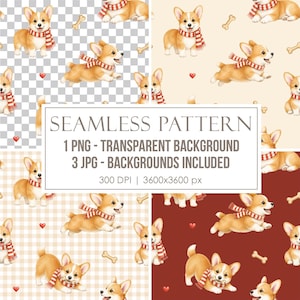May include: A seamless digital pattern featuring illustrations of Corgi dogs wearing red and white striped scarves, accompanied by small red hearts and beige bones. The text reads: SEAMLESS PATTERN, 1 PNG - TRANSPARENT BACKGROUND, 3 JPG - BACKGROUNDS INCLUDED, 300 DPI | 3600x3600 px.