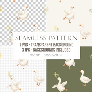 May include: A seamless pattern featuring white geese with orange beaks and feet, accompanied by yellow mimosa sprigs. The design is presented in four variations: transparent, cream, white checkered, and olive green backgrounds, 3600x3600 px.