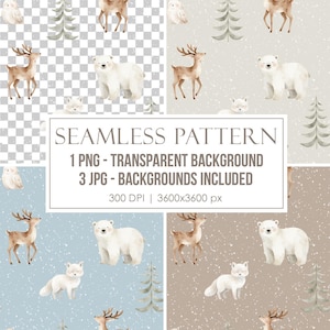 Könnte beinhalten: Ein digitales nahtloses Muster mit Aquarellillustrationen von Eisbären, Hirschen, Füchsen und Tannenbäumen vor verschneiten Hintergründen. Der Text lautet: SEAMLESS PATTERN, 1 PNG - TRANSPARENT BACKGROUND, 3 JPG - BACKGROUNDS INCLUDED, 300 DPI | 3600x3600 px.