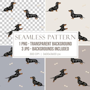May include: A digital seamless pattern featuring black and tan dachshund dogs in various poses alongside small white bones. The design is presented in four variations including a transparent background and three solid colored backgrounds.